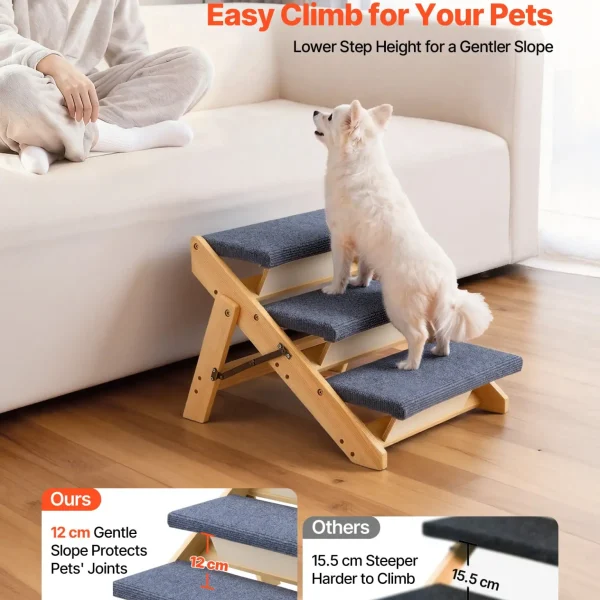 VEVOR Wood Pet Stairs, 3-Step Dog Stairs for Beds, Sofa & Cars, 150lbs Load Capacity, Floded Flat Design, Stable & Sturdy Cat & Dog Step Ladder for Small Medium Large Older Pet Puppy Essentials