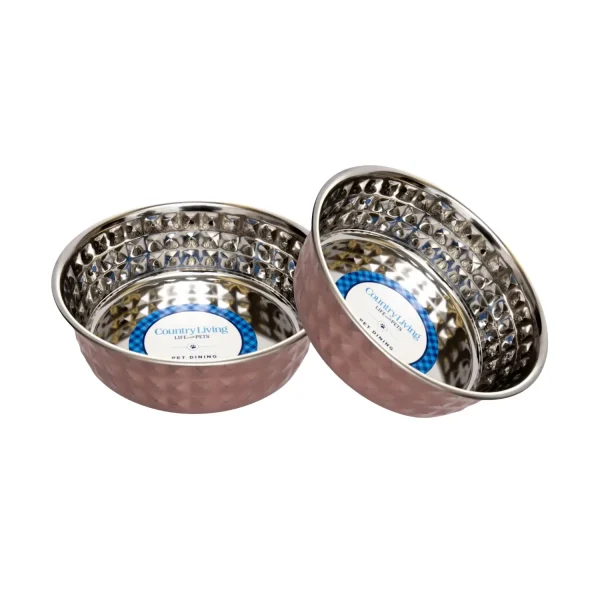 Country Living Set of 2 Hammered Stainless Steel Dog Bowls Ideal for Extra Large Breeds Rose Quartz/64oz